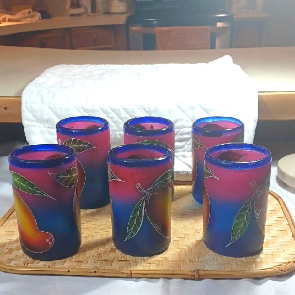 Mexican Vintage  Hand Blown & Painted W/Blue Frosted Tops  Drinkware Set…